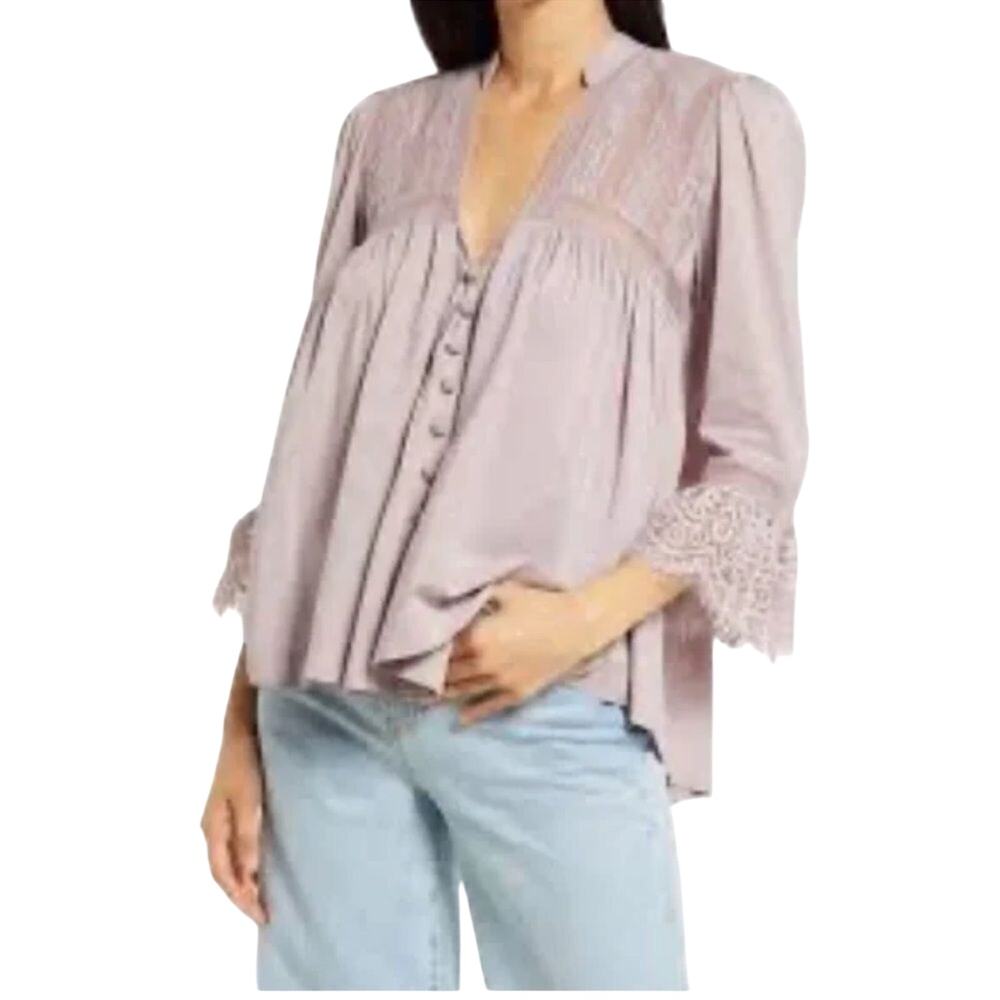 FREE PEOPLE Esme Embroidered Button Down in Lavender Size L New w/ Tag MSRP $128